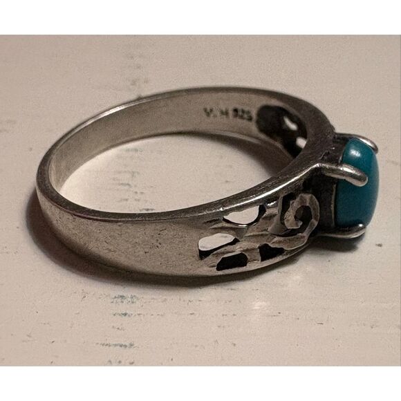 Genuine Turquoise Sterling Silver Ring (W.H. 925) – Filigree Scroll Band – Size - Picture 3 of 12